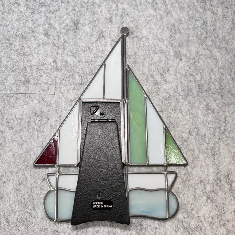 VTG Stained Glass Suncatcher Sailing Vessel‎ w/Built-In Photo Frame Window Wall